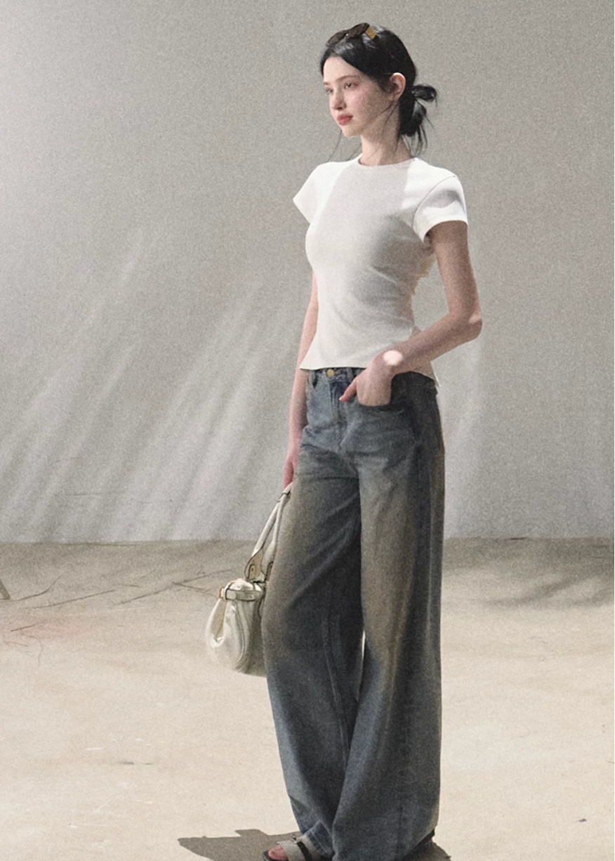 oakmoo top, white slim t-shirt, antibacterial cotton top, korean minimal fashion, short sleeve summer top, waist cinching t-shirt, slim fit white tee, quiet luxury basic top, everyday summer top, korean casual outfit, cotton blend t-shirt women, minimalist white top