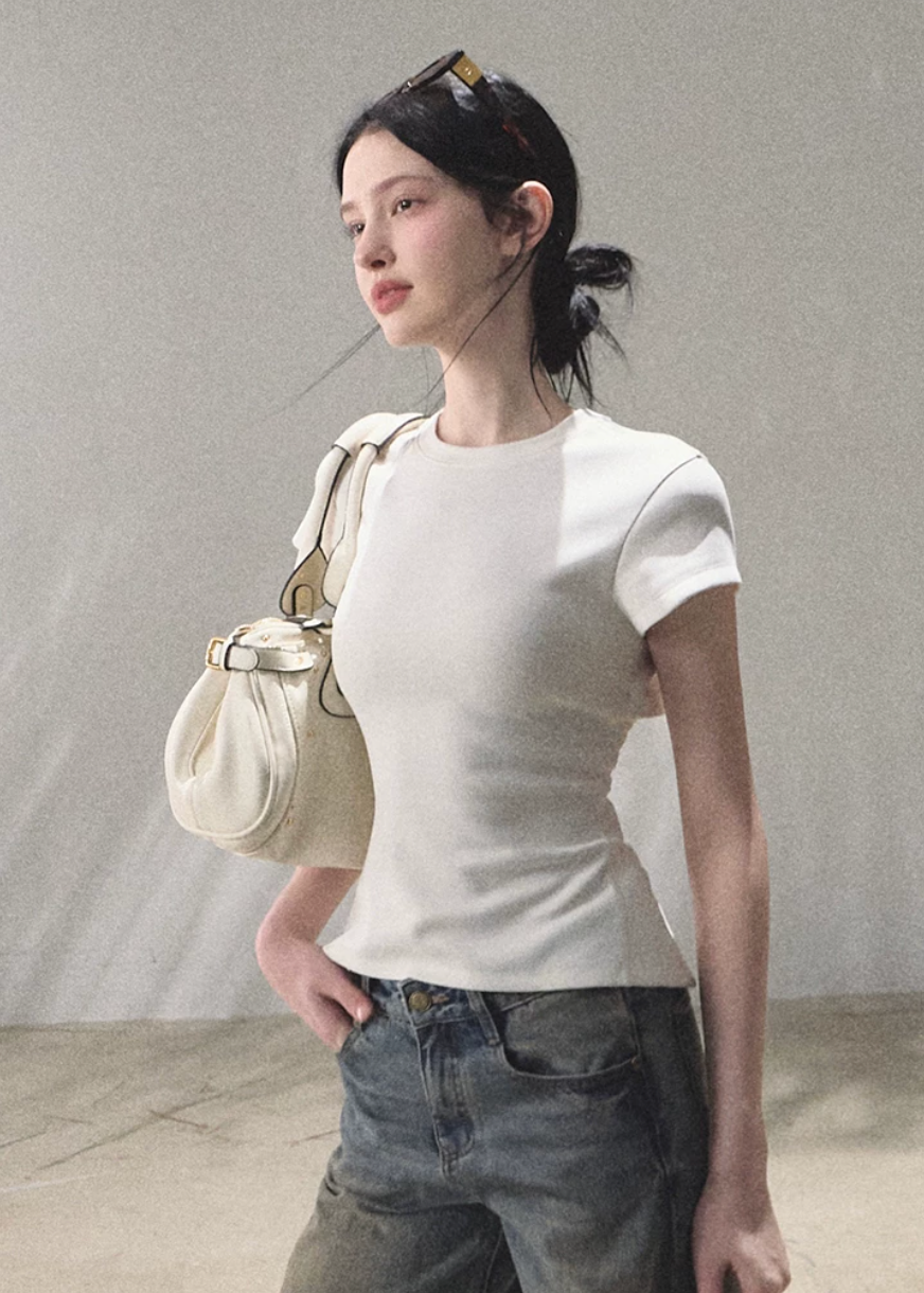 oakmoo top, white slim t-shirt, antibacterial cotton top, korean minimal fashion, short sleeve summer top, waist cinching t-shirt, slim fit white tee, quiet luxury basic top, everyday summer top, korean casual outfit, cotton blend t-shirt women, minimalist white top