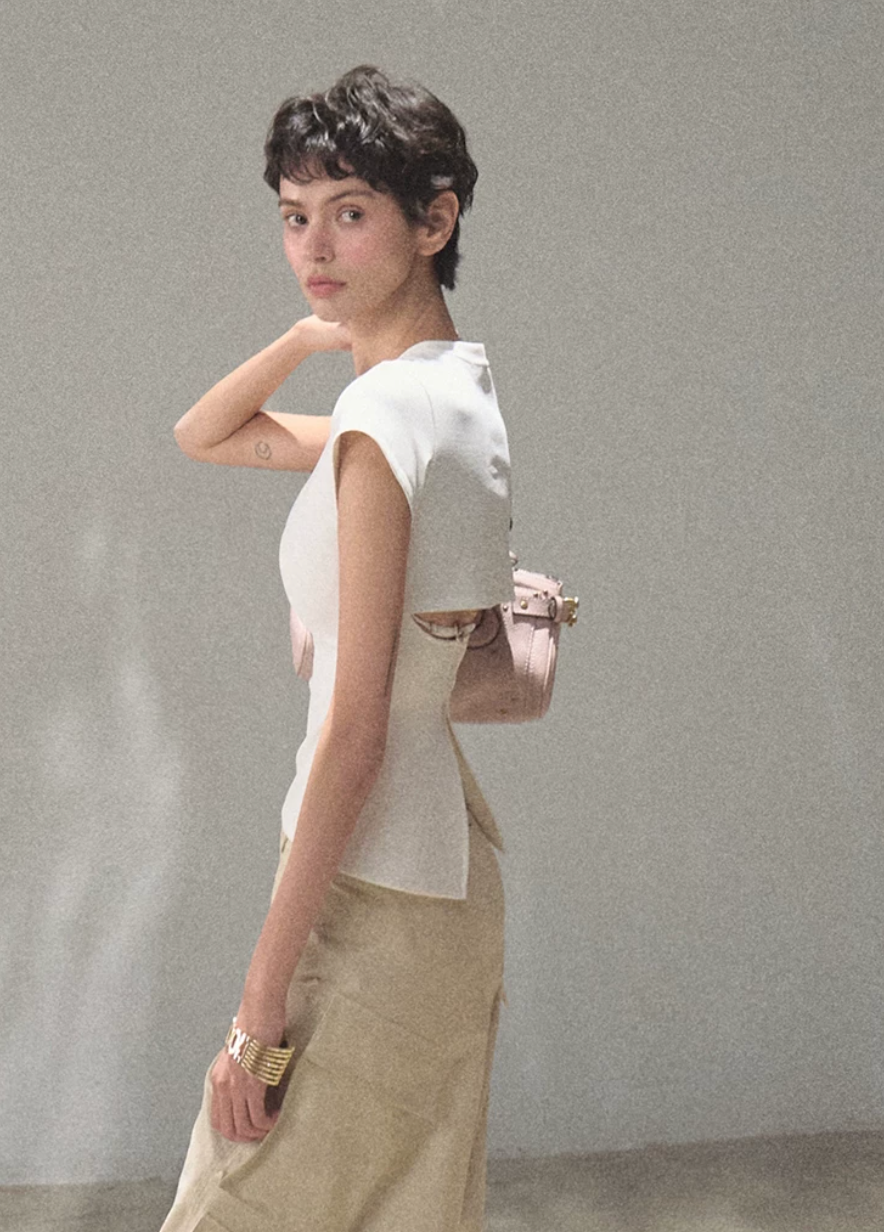 oakmoo top, white slim t-shirt, antibacterial cotton top, korean minimal fashion, short sleeve summer top, waist cinching t-shirt, slim fit white tee, quiet luxury basic top, everyday summer top, korean casual outfit, cotton blend t-shirt women, minimalist white top