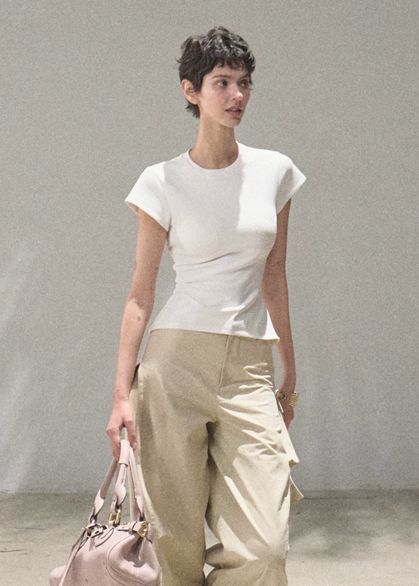 oakmoo top, white slim t-shirt, antibacterial cotton top, korean minimal fashion, short sleeve summer top, waist cinching t-shirt, slim fit white tee, quiet luxury basic top, everyday summer top, korean casual outfit, cotton blend t-shirt women, minimalist white top