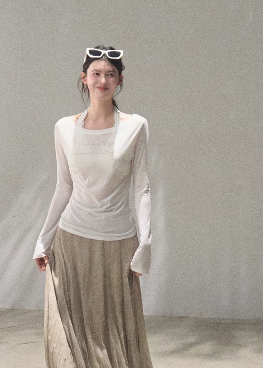 oakmoo top, lyocell linen top, slim fit long sleeve top, summer sun protection top, lightweight summer top, sheer long sleeve tee, korean minimal top, breathable slim top women, elegant casual summer top, white fitted long sleeve top, refined basic top, airy summer layering top