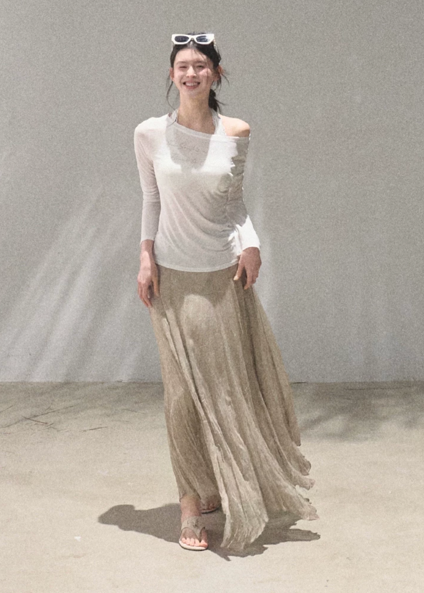 oakmoo top, lyocell linen top, slim fit long sleeve top, summer sun protection top, lightweight summer top, sheer long sleeve tee, korean minimal top, breathable slim top women, elegant casual summer top, white fitted long sleeve top, refined basic top, airy summer layering top
