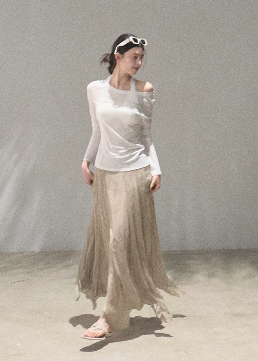 oakmoo top, lyocell linen top, slim fit long sleeve top, summer sun protection top, lightweight summer top, sheer long sleeve tee, korean minimal top, breathable slim top women, elegant casual summer top, white fitted long sleeve top, refined basic top, airy summer layering top