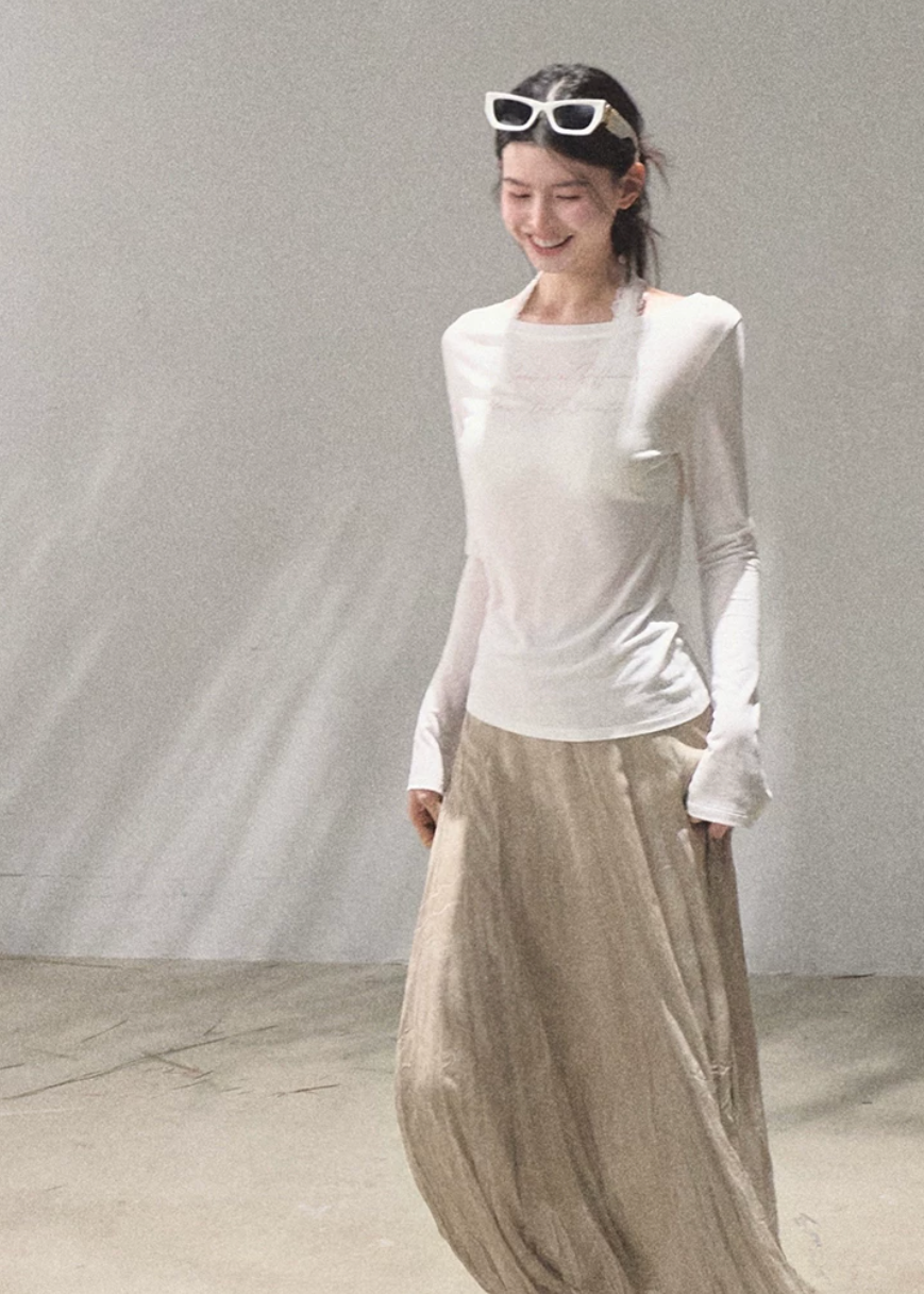 oakmoo top, lyocell linen top, slim fit long sleeve top, summer sun protection top, lightweight summer top, sheer long sleeve tee, korean minimal top, breathable slim top women, elegant casual summer top, white fitted long sleeve top, refined basic top, airy summer layering top