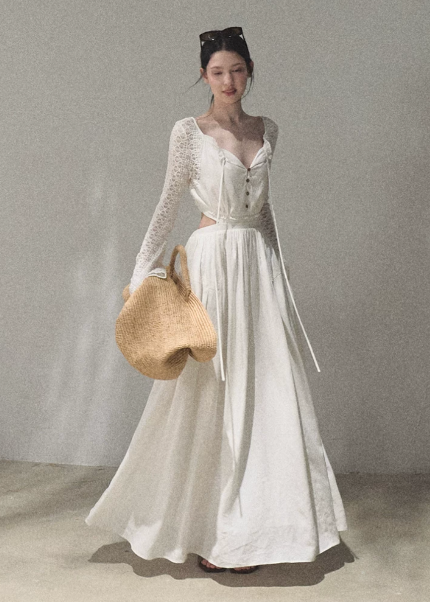 oakmoo dress, resort maxi dress, cut out waist dress, lyocell linen dress, lace sleeve maxi dress, elegant summer dress, feminine resort dress, ivory maxi dress, romantic vacation dress, long sleeve summer dress, refined resort outfit, french inspired dress
