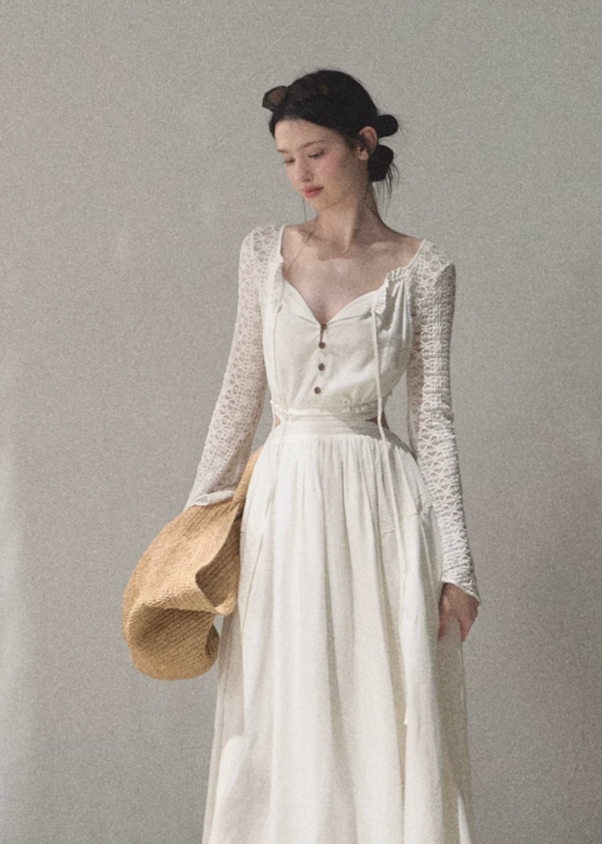 oakmoo dress, resort maxi dress, cut out waist dress, lyocell linen dress, lace sleeve maxi dress, elegant summer dress, feminine resort dress, ivory maxi dress, romantic vacation dress, long sleeve summer dress, refined resort outfit, french inspired dress