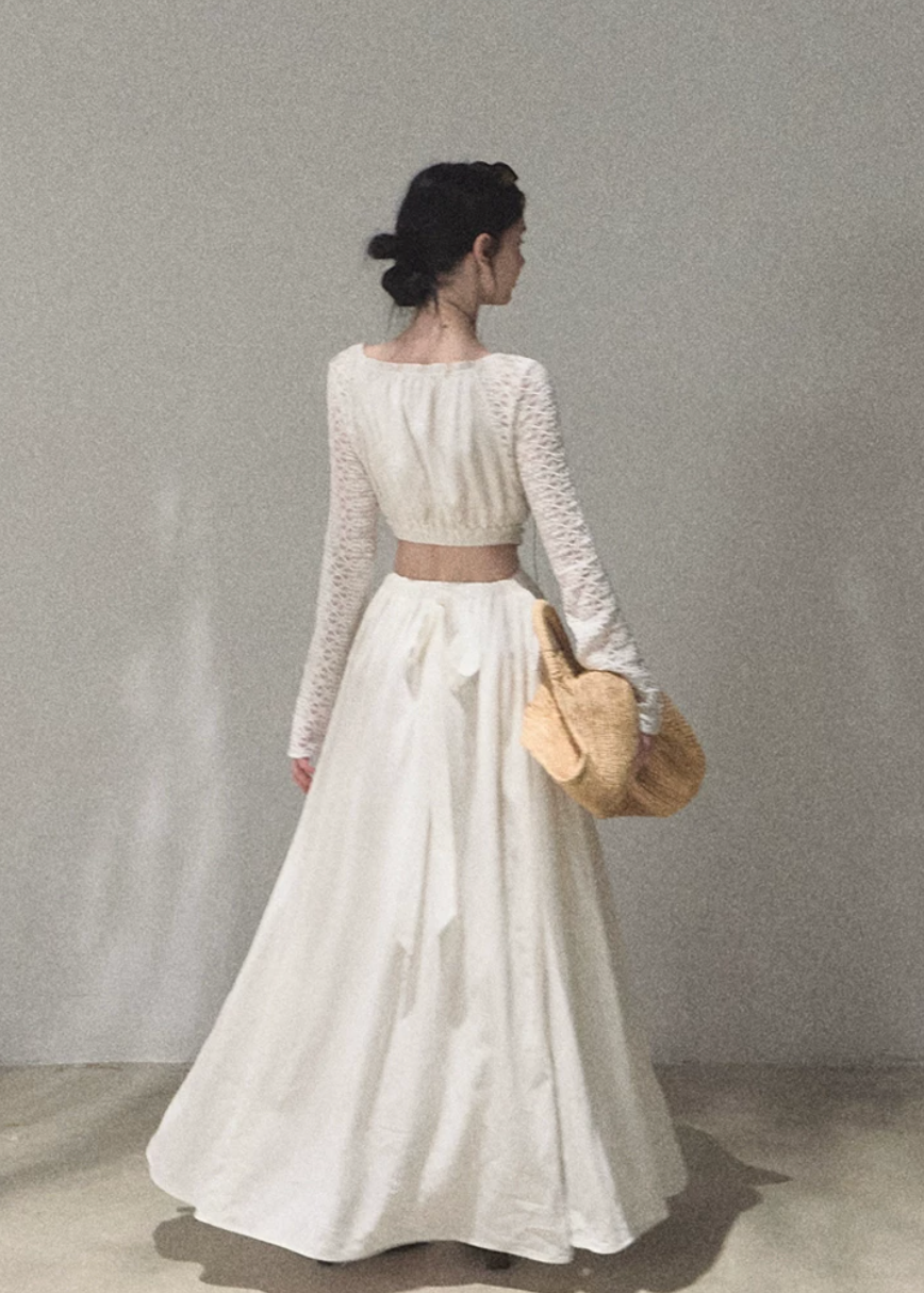 oakmoo dress, resort maxi dress, cut out waist dress, lyocell linen dress, lace sleeve maxi dress, elegant summer dress, feminine resort dress, ivory maxi dress, romantic vacation dress, long sleeve summer dress, refined resort outfit, french inspired dress