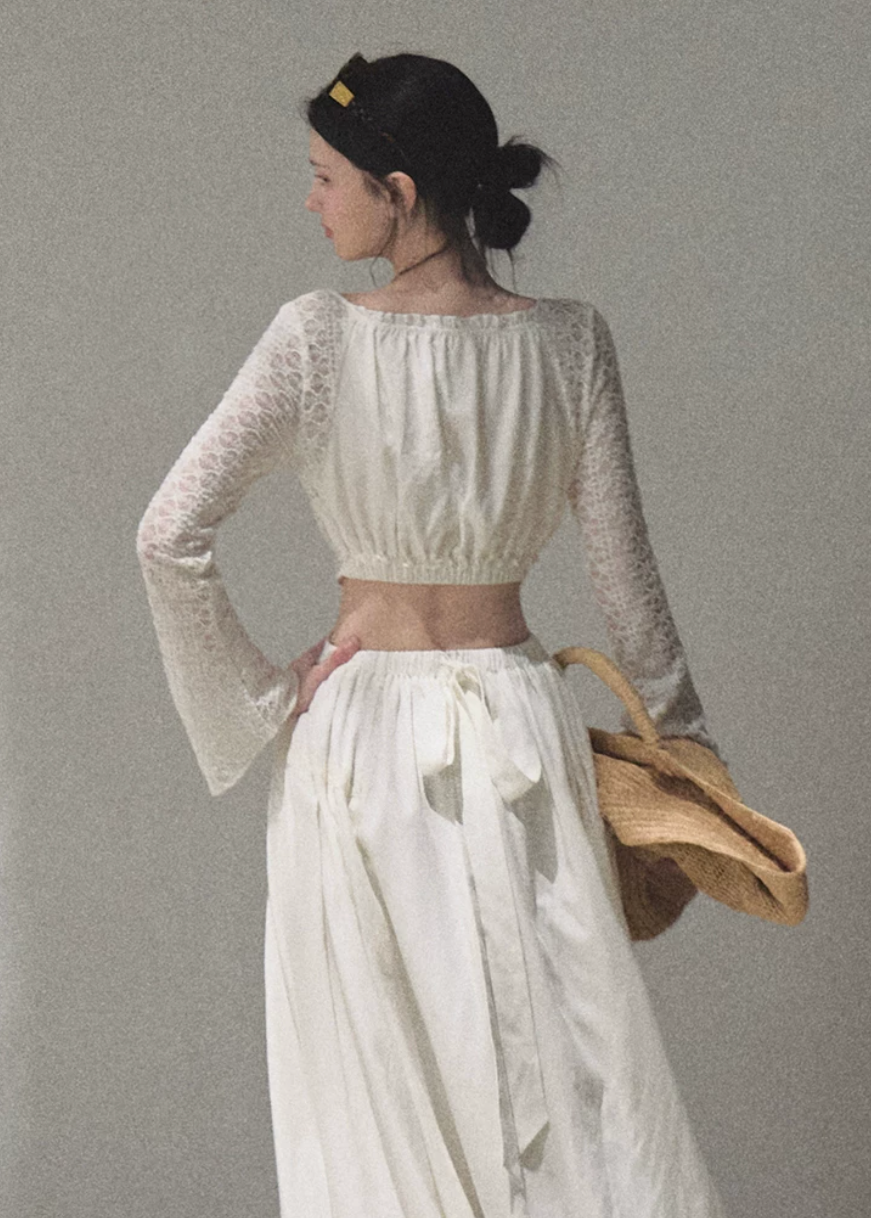 oakmoo dress, resort maxi dress, cut out waist dress, lyocell linen dress, lace sleeve maxi dress, elegant summer dress, feminine resort dress, ivory maxi dress, romantic vacation dress, long sleeve summer dress, refined resort outfit, french inspired dress