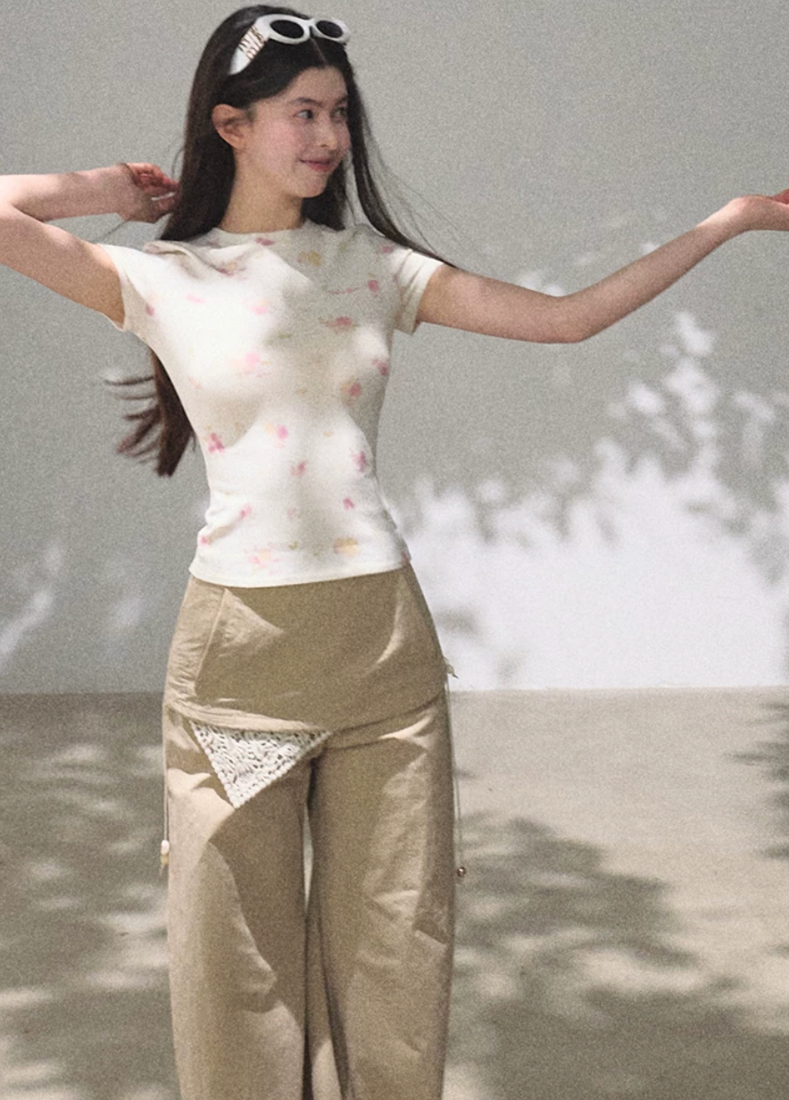 oakmoo top, printed short sleeve t-shirt, modal cotton top, floral slim fit tee, korean minimal fashion, waist skimming top, summer printed top, soft floral t-shirt women, quiet luxury casual top, breathable summer tee, feminine everyday top, minimalist summer outfit