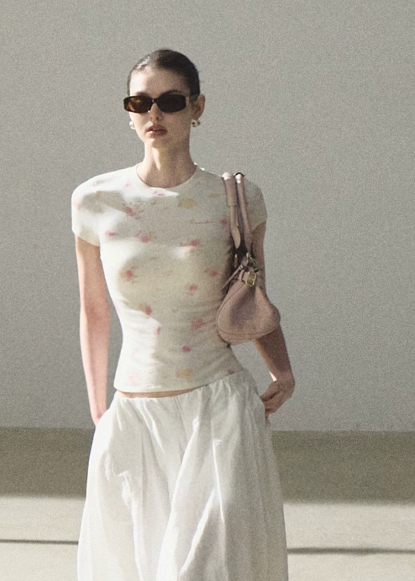 oakmoo top, printed short sleeve t-shirt, modal cotton top, floral slim fit tee, korean minimal fashion, waist skimming top, summer printed top, soft floral t-shirt women, quiet luxury casual top, breathable summer tee, feminine everyday top, minimalist summer outfit