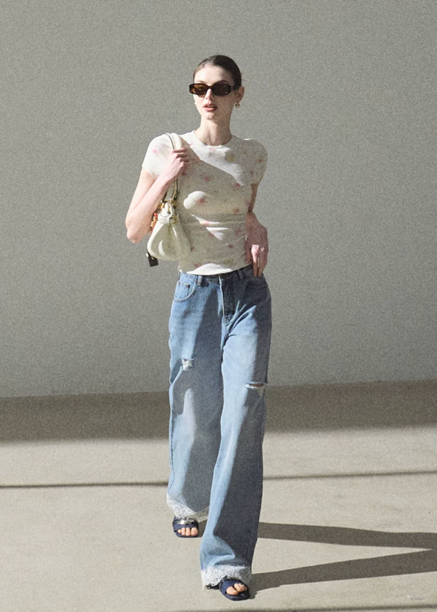 oakmoo top, printed short sleeve t-shirt, modal cotton top, floral slim fit tee, korean minimal fashion, waist skimming top, summer printed top, soft floral t-shirt women, quiet luxury casual top, breathable summer tee, feminine everyday top, minimalist summer outfit