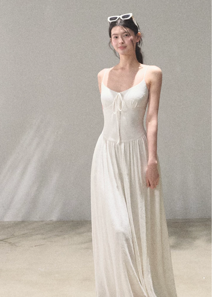 oakmoo dress, backless spaghetti strap dress, ivory vacation dress, vine jacquard dress, korean minimal dress, seaside summer dress, waist cinching dress, bohemian vacation dress, resort dress women, elegant summer dress, soft ivory dress, romantic summer outfit