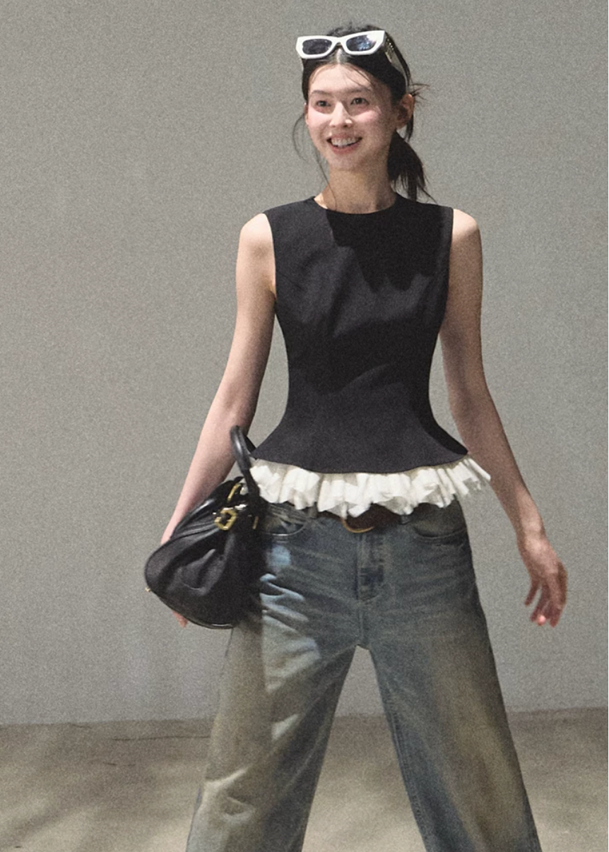 oakmoo set, black sleeveless top set, lace patchwork top, korean minimal fashion, waist cinching top, two piece summer set, quiet luxury outfit, refined casual set, sleeveless summer top, lace hem top, minimalist korean outfit, elevated casual outfit women