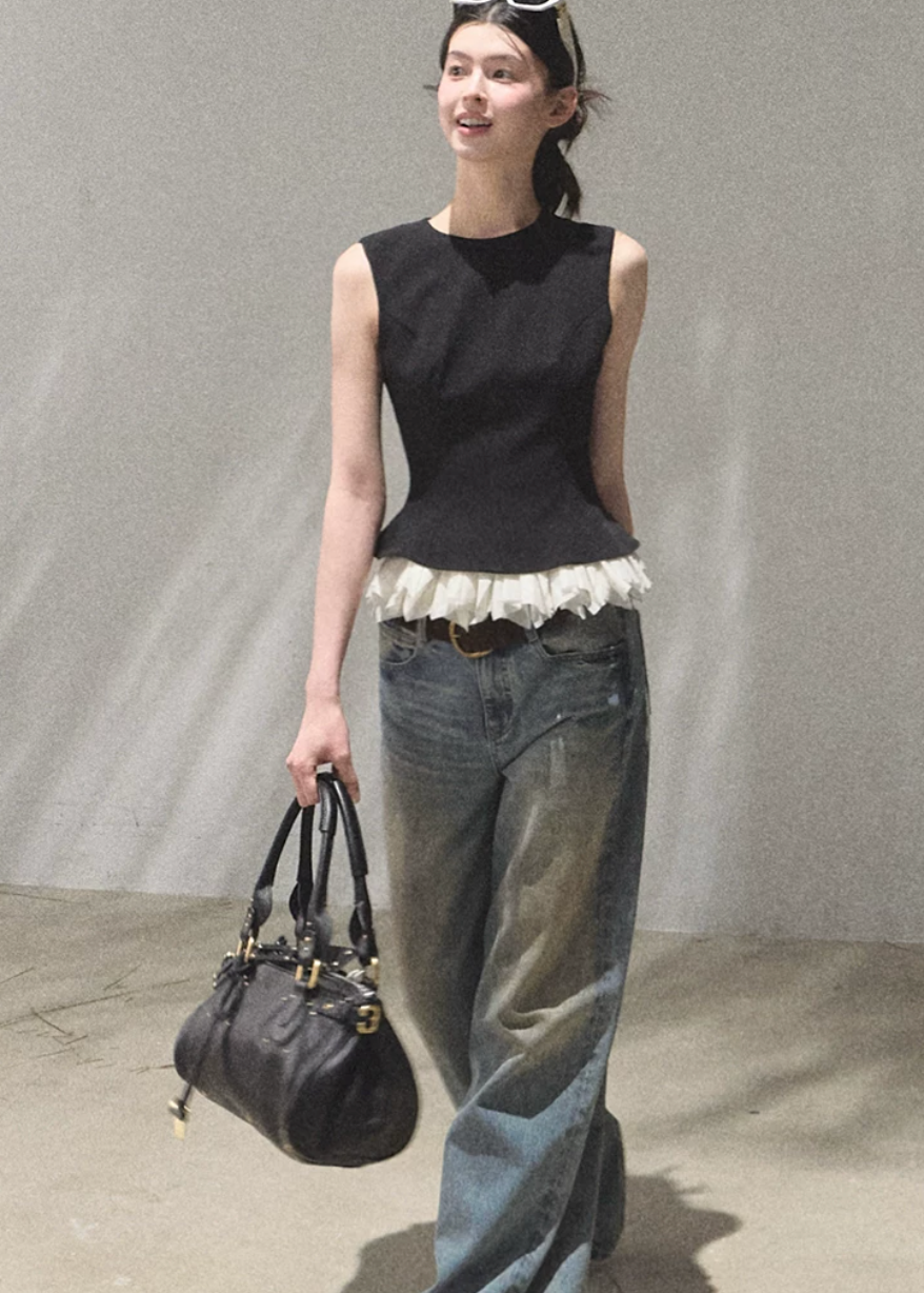 oakmoo set, black sleeveless top set, lace patchwork top, korean minimal fashion, waist cinching top, two piece summer set, quiet luxury outfit, refined casual set, sleeveless summer top, lace hem top, minimalist korean outfit, elevated casual outfit women
