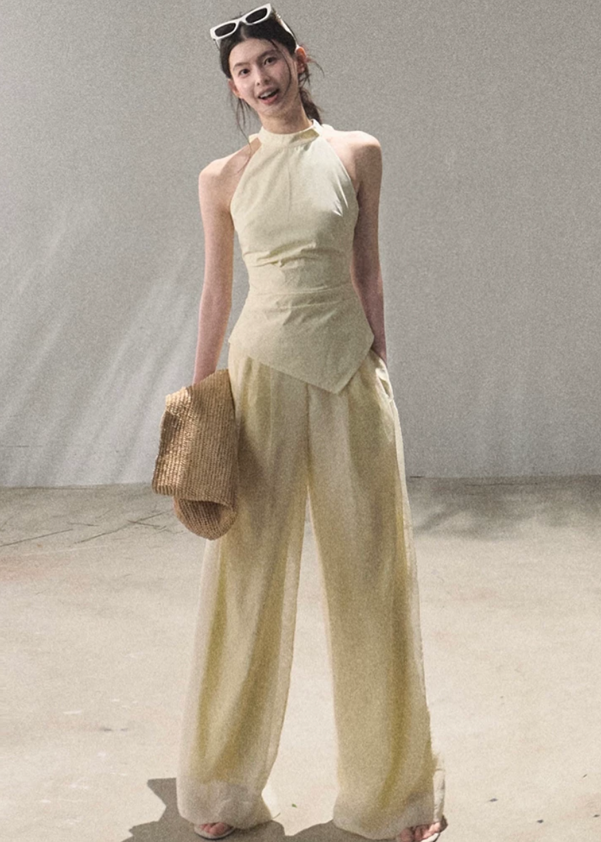 oakmoo pants, mesh wide leg pants, ivory wide leg pants, korean minimal fashion, resort pants women, loose straight leg pants, drapey summer pants, quiet luxury pants, lightweight summer trousers, old money style pants, airy vacation pants, relaxed wide leg pants