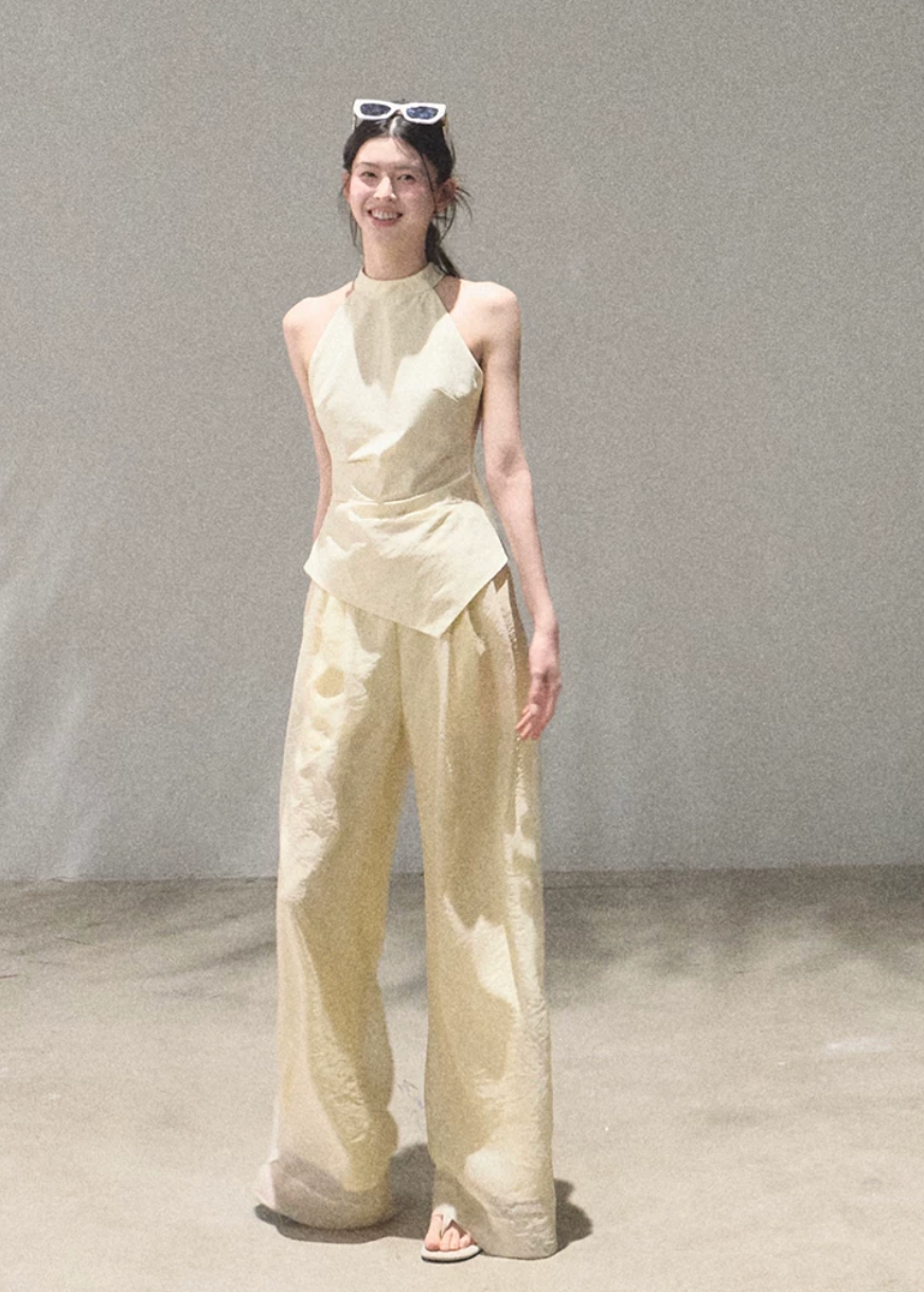 oakmoo pants, mesh wide leg pants, ivory wide leg pants, korean minimal fashion, resort pants women, loose straight leg pants, drapey summer pants, quiet luxury pants, lightweight summer trousers, old money style pants, airy vacation pants, relaxed wide leg pants