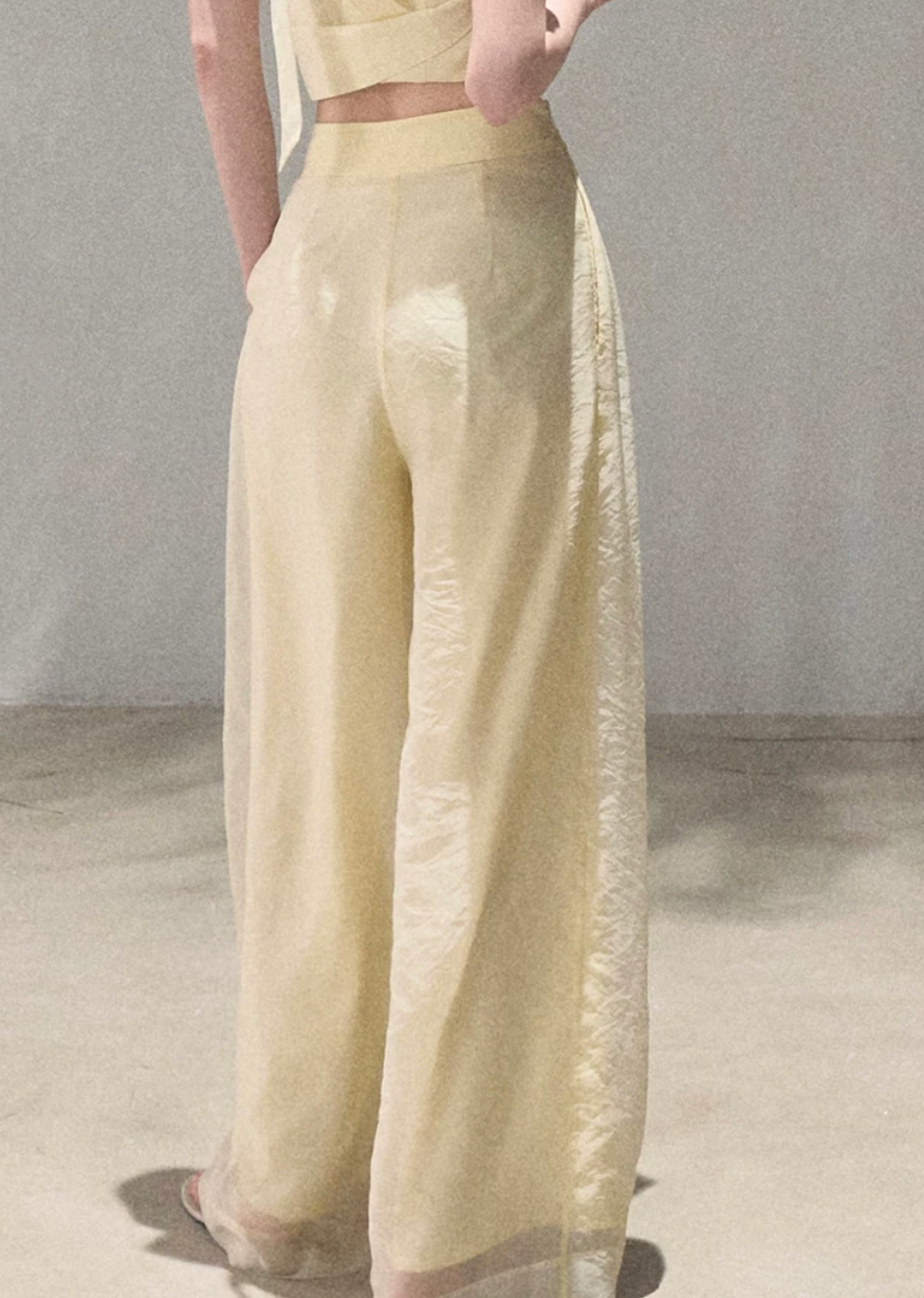 oakmoo pants, mesh wide leg pants, ivory wide leg pants, korean minimal fashion, resort pants women, loose straight leg pants, drapey summer pants, quiet luxury pants, lightweight summer trousers, old money style pants, airy vacation pants, relaxed wide leg pants