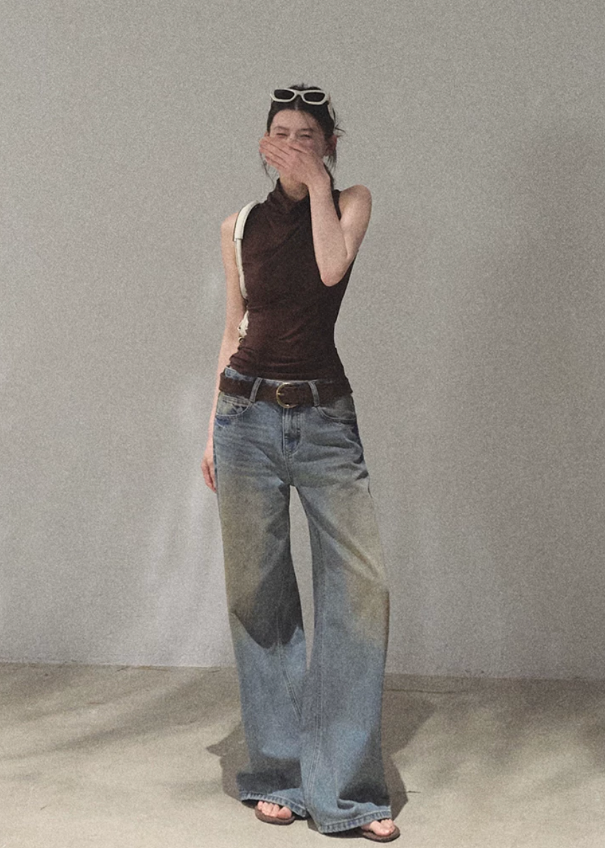 oakmoo jeans, wide leg jeans women, loose straight leg jeans, vintage wash denim, korean minimal fashion, relaxed denim pants, summer jeans women, high waist wide leg jeans, cotton denim jeans, casual city outfit, quiet luxury denim, washed blue jeans