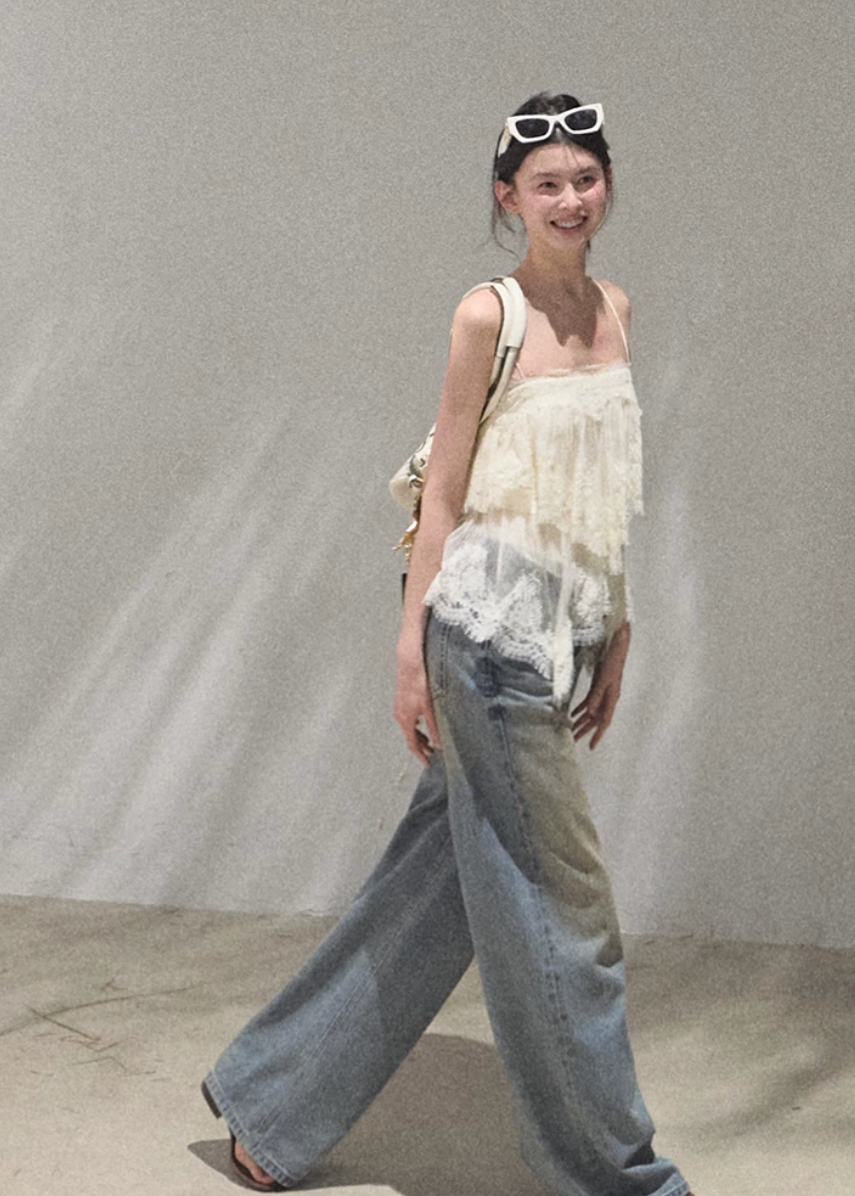 oakmoo jeans, wide leg jeans women, loose straight leg jeans, vintage wash denim, korean minimal fashion, relaxed denim pants, summer jeans women, high waist wide leg jeans, cotton denim jeans, casual city outfit, quiet luxury denim, washed blue jeans