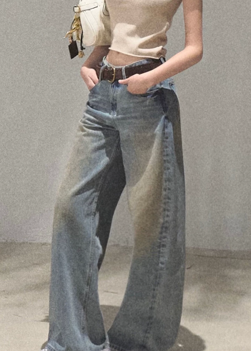 oakmoo jeans, wide leg jeans women, loose straight leg jeans, vintage wash denim, korean minimal fashion, relaxed denim pants, summer jeans women, high waist wide leg jeans, cotton denim jeans, casual city outfit, quiet luxury denim, washed blue jeans