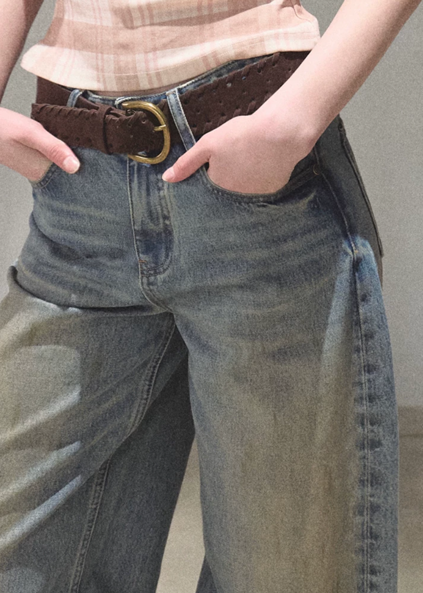 oakmoo jeans, wide leg jeans women, loose straight leg jeans, vintage wash denim, korean minimal fashion, relaxed denim pants, summer jeans women, high waist wide leg jeans, cotton denim jeans, casual city outfit, quiet luxury denim, washed blue jeans