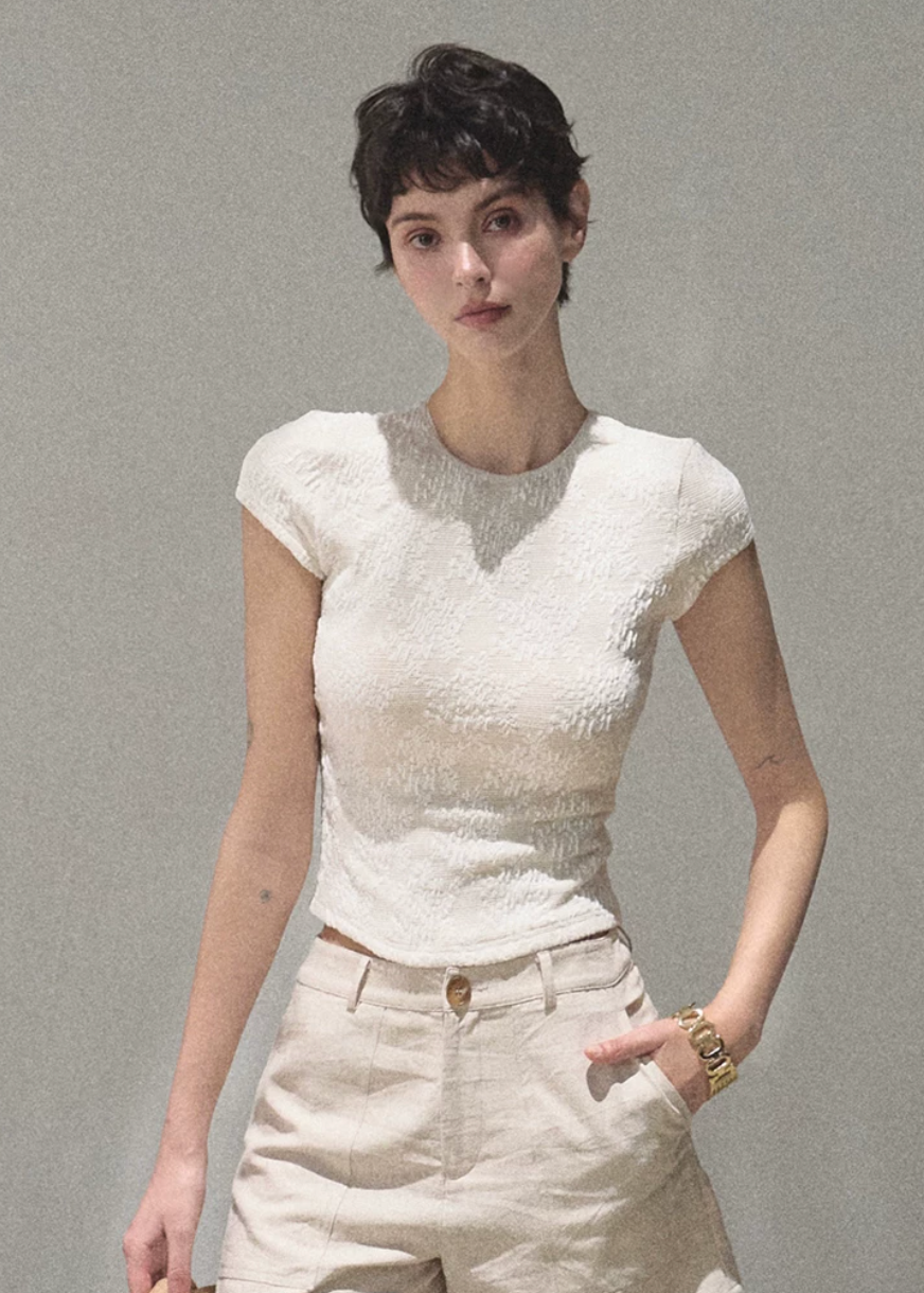 oakmoo top, lace patchwork top, short sleeve lace top, korean minimal fashion, slim fit summer top, floral lace t-shirt, white lace tee women, stretchy lace top, quiet luxury casual top, feminine summer top, refined everyday outfit, korean summer outfit