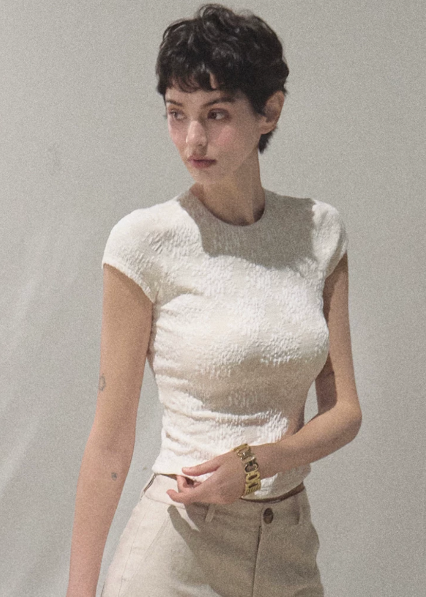 oakmoo top, lace patchwork top, short sleeve lace top, korean minimal fashion, slim fit summer top, floral lace t-shirt, white lace tee women, stretchy lace top, quiet luxury casual top, feminine summer top, refined everyday outfit, korean summer outfit