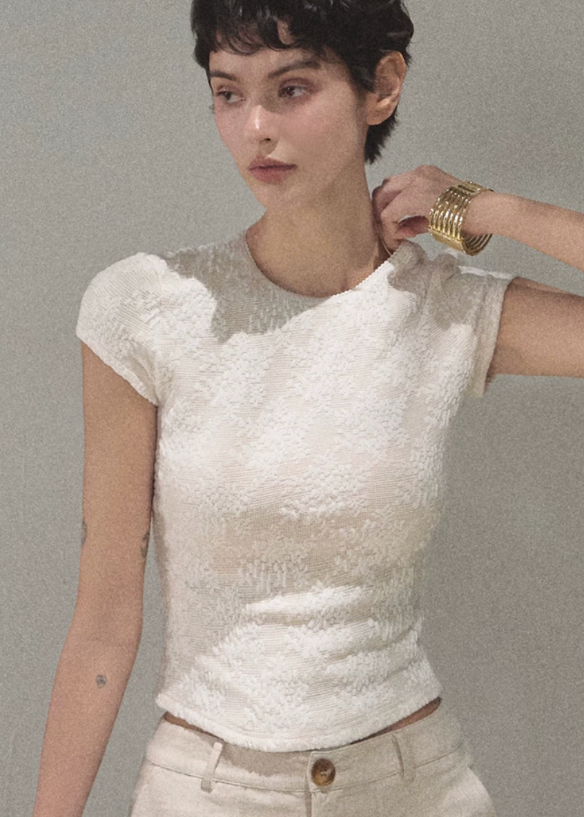 oakmoo top, lace patchwork top, short sleeve lace top, korean minimal fashion, slim fit summer top, floral lace t-shirt, white lace tee women, stretchy lace top, quiet luxury casual top, feminine summer top, refined everyday outfit, korean summer outfit