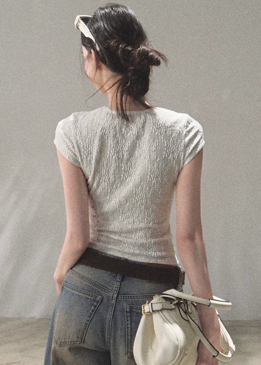 oakmoo top, lace patchwork top, short sleeve lace top, korean minimal fashion, slim fit summer top, floral lace t-shirt, white lace tee women, stretchy lace top, quiet luxury casual top, feminine summer top, refined everyday outfit, korean summer outfit