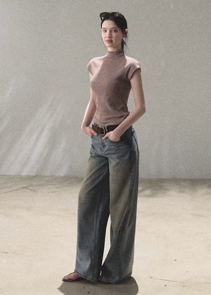 oakmoo top, slim short sleeve t-shirt, lyocell cotton top, korean minimal fashion, striped summer top, waist skimming tee, soft fitted t-shirt, quiet luxury basic top, breathable summer tee, minimalist summer outfit, refined casual top, everyday slim tee