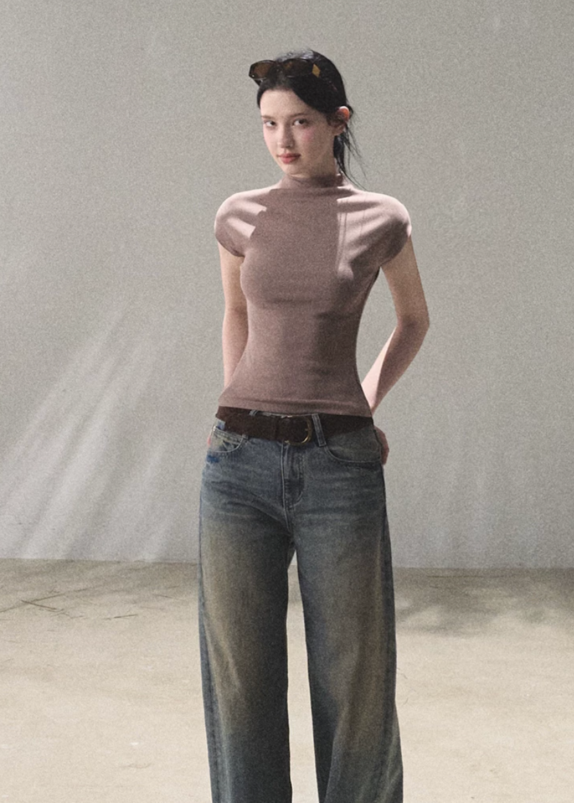 oakmoo top, slim short sleeve t-shirt, lyocell cotton top, korean minimal fashion, striped summer top, waist skimming tee, soft fitted t-shirt, quiet luxury basic top, breathable summer tee, minimalist summer outfit, refined casual top, everyday slim tee