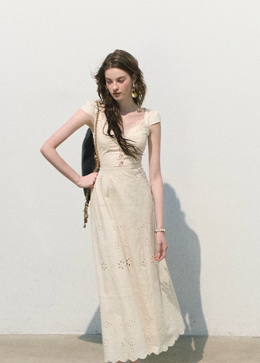 oakmoo dress, white cotton dress, lace patchwork dress, french lace dress, korean minimal dress, waist cinching dress, white summer dress, short white dress, long white dress, romantic summer dress, feminine vacation dress, cotton lace dress