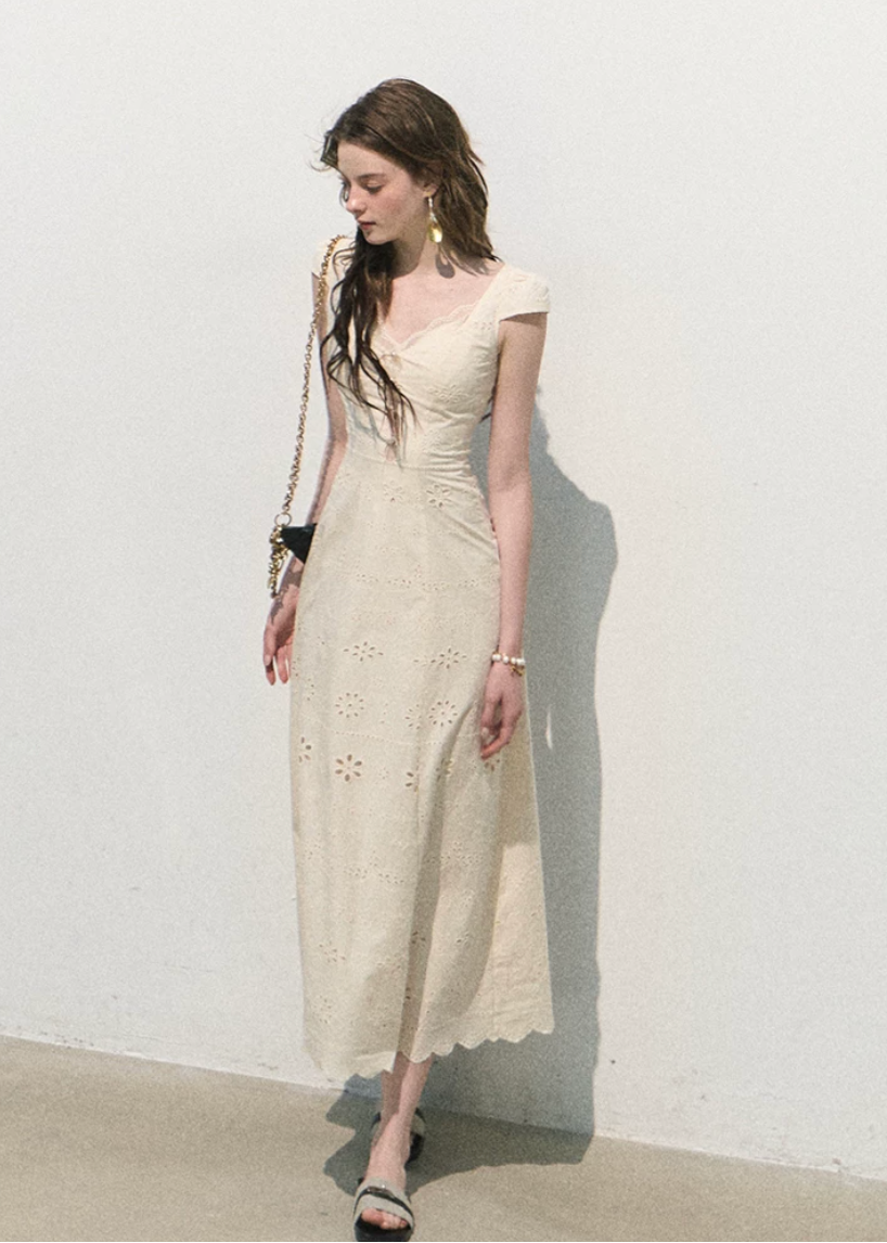oakmoo dress, white cotton dress, lace patchwork dress, french lace dress, korean minimal dress, waist cinching dress, white summer dress, short white dress, long white dress, romantic summer dress, feminine vacation dress, cotton lace dress