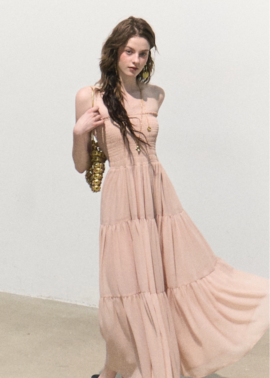 oakmoo skirt, pleated chiffon skirt, a-line maxi skirt, korean minimal fashion, long summer skirt, blush beige skirt, romantic maxi skirt, soft feminine skirt, resort skirt women, flowy summer skirt, elegant casual skirt, korean summer outfit