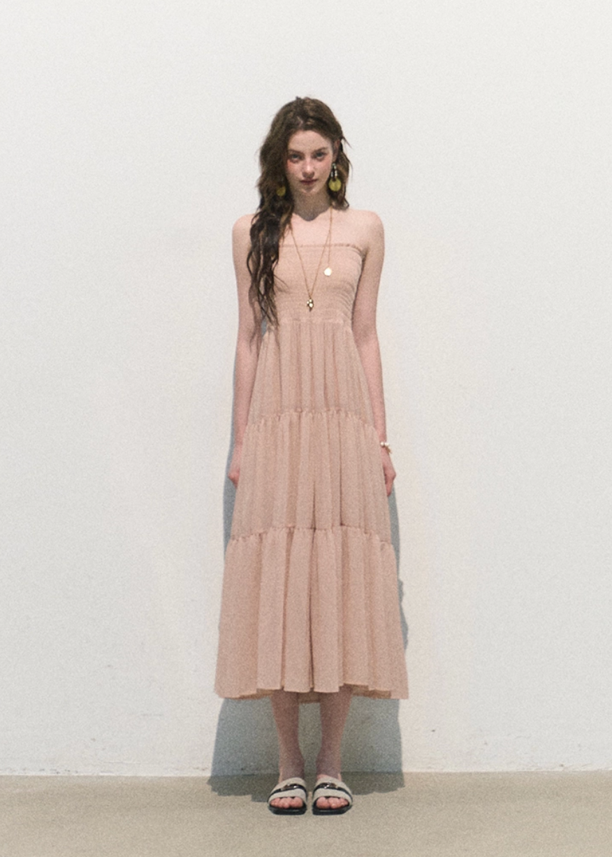 oakmoo skirt, pleated chiffon skirt, a-line maxi skirt, korean minimal fashion, long summer skirt, blush beige skirt, romantic maxi skirt, soft feminine skirt, resort skirt women, flowy summer skirt, elegant casual skirt, korean summer outfit