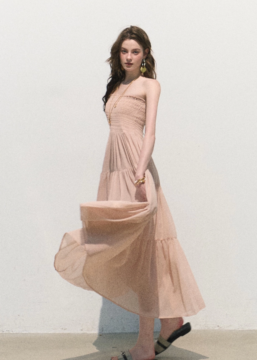 oakmoo skirt, pleated chiffon skirt, a-line maxi skirt, korean minimal fashion, long summer skirt, blush beige skirt, romantic maxi skirt, soft feminine skirt, resort skirt women, flowy summer skirt, elegant casual skirt, korean summer outfit