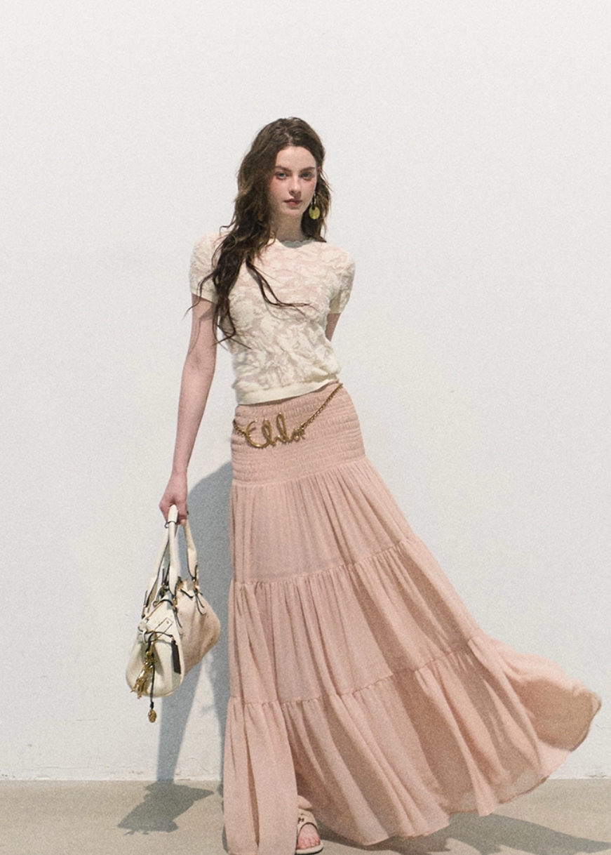 oakmoo skirt, pleated chiffon skirt, a-line maxi skirt, korean minimal fashion, long summer skirt, blush beige skirt, romantic maxi skirt, soft feminine skirt, resort skirt women, flowy summer skirt, elegant casual skirt, korean summer outfit