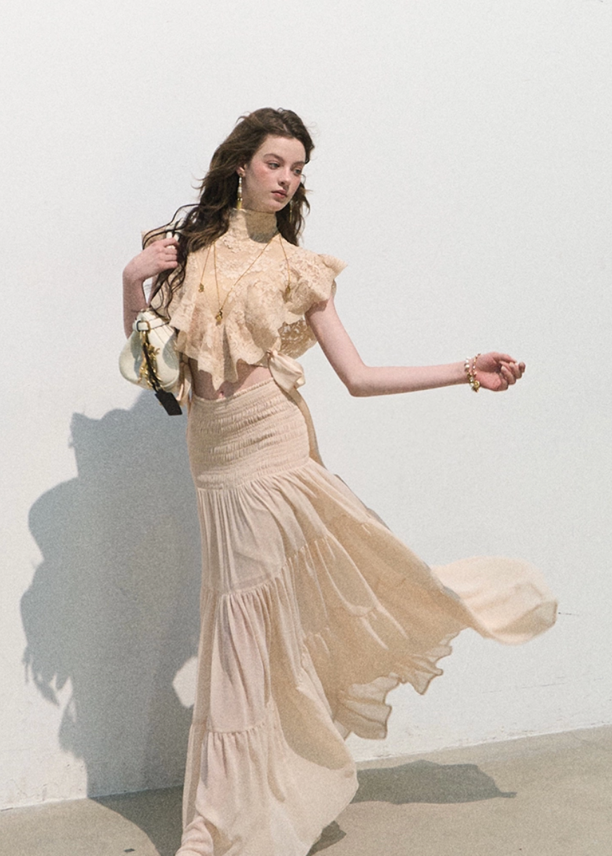 oakmoo skirt, pleated chiffon skirt, a-line maxi skirt, korean minimal fashion, long summer skirt, blush beige skirt, romantic maxi skirt, soft feminine skirt, resort skirt women, flowy summer skirt, elegant casual skirt, korean summer outfit