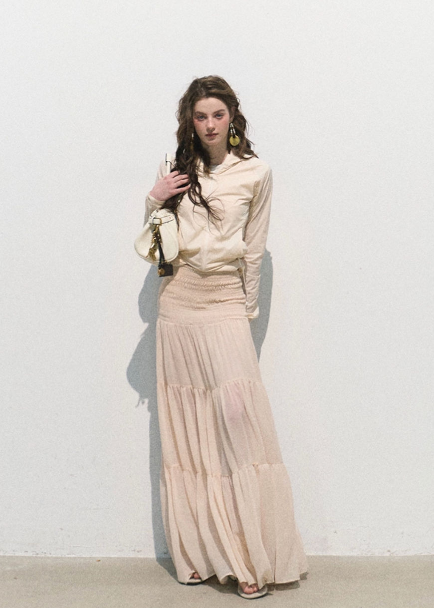 oakmoo skirt, pleated chiffon skirt, a-line maxi skirt, korean minimal fashion, long summer skirt, blush beige skirt, romantic maxi skirt, soft feminine skirt, resort skirt women, flowy summer skirt, elegant casual skirt, korean summer outfit