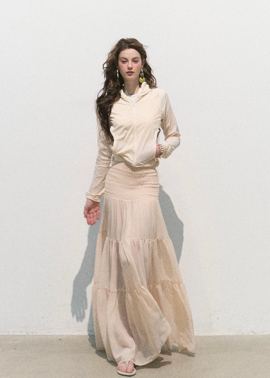 oakmoo skirt, pleated chiffon skirt, a-line maxi skirt, korean minimal fashion, long summer skirt, blush beige skirt, romantic maxi skirt, soft feminine skirt, resort skirt women, flowy summer skirt, elegant casual skirt, korean summer outfit