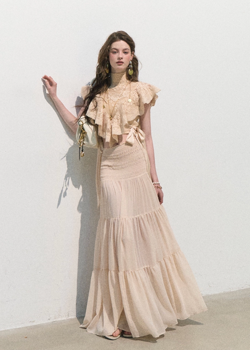 oakmoo skirt, pleated chiffon skirt, a-line maxi skirt, korean minimal fashion, long summer skirt, blush beige skirt, romantic maxi skirt, soft feminine skirt, resort skirt women, flowy summer skirt, elegant casual skirt, korean summer outfit