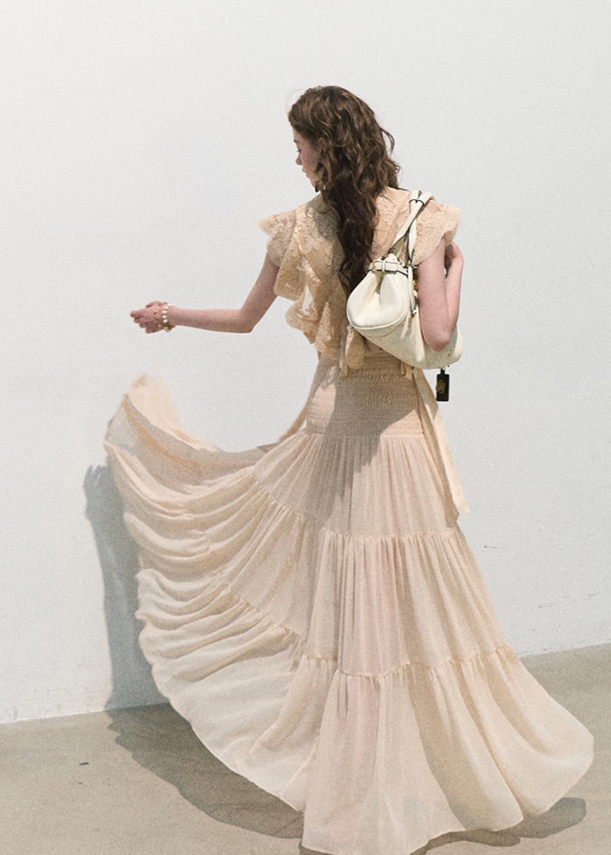 oakmoo skirt, pleated chiffon skirt, a-line maxi skirt, korean minimal fashion, long summer skirt, blush beige skirt, romantic maxi skirt, soft feminine skirt, resort skirt women, flowy summer skirt, elegant casual skirt, korean summer outfit