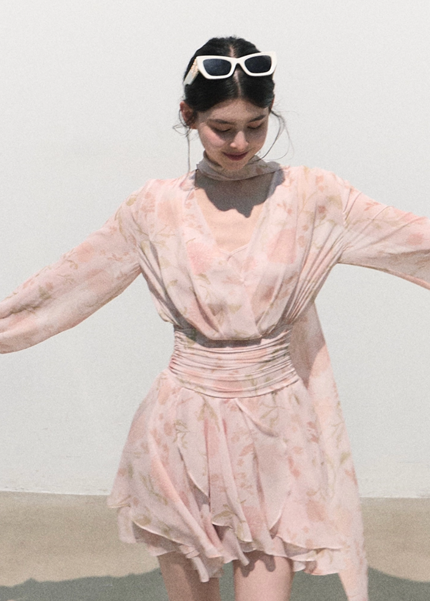 pink mini dress, chiffon mini dress, romantic summer dress, v neck pink dress, waist cinching dress, feminine vacation dress, long sleeve mini dress, elegant pink dress, oakmoo dress, resort mini dress