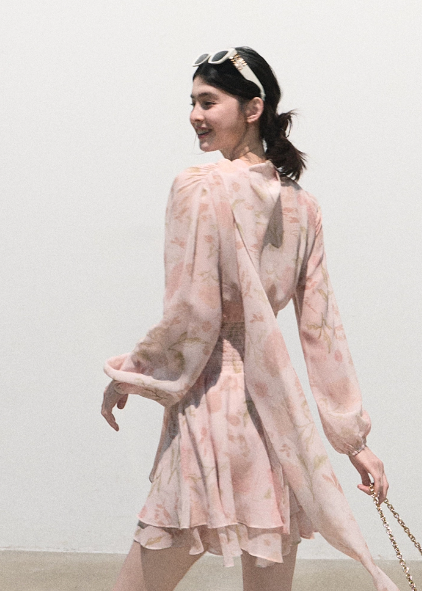 pink mini dress, chiffon mini dress, romantic summer dress, v neck pink dress, waist cinching dress, feminine vacation dress, long sleeve mini dress, elegant pink dress, oakmoo dress, resort mini dress