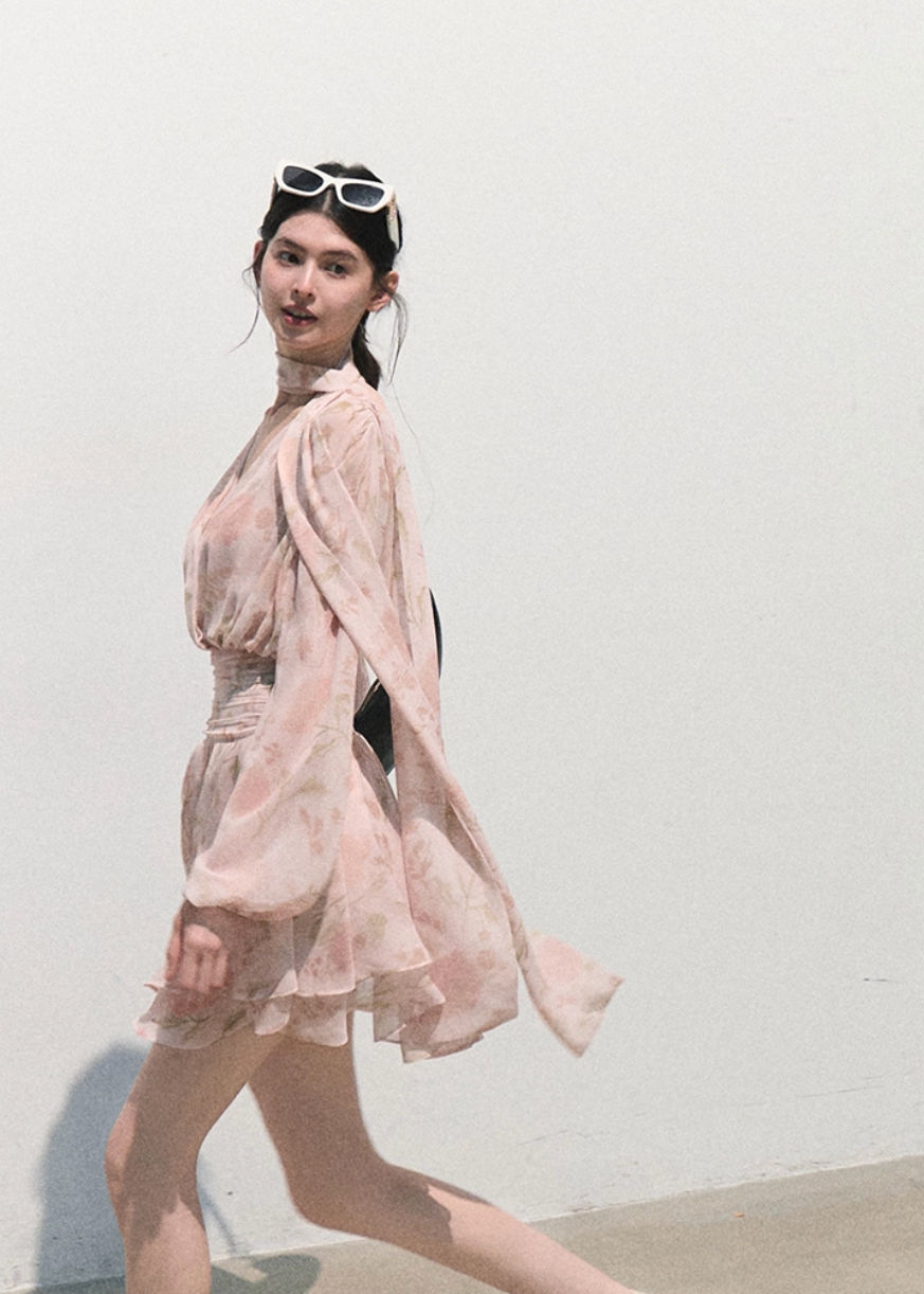 pink mini dress, chiffon mini dress, romantic summer dress, v neck pink dress, waist cinching dress, feminine vacation dress, long sleeve mini dress, elegant pink dress, oakmoo dress, resort mini dress