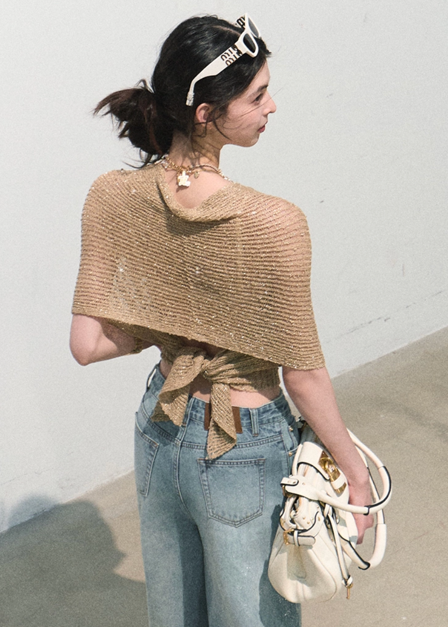 oakmoo cover up, knit cover up women, hollow knit shawl, seaside vacation cover up, linen blend knit top, asymmetric knit top, summer sun protection shawl, korean minimal fashion, resort cover up, open knit poncho, lightweight summer layer, vacation knitwear