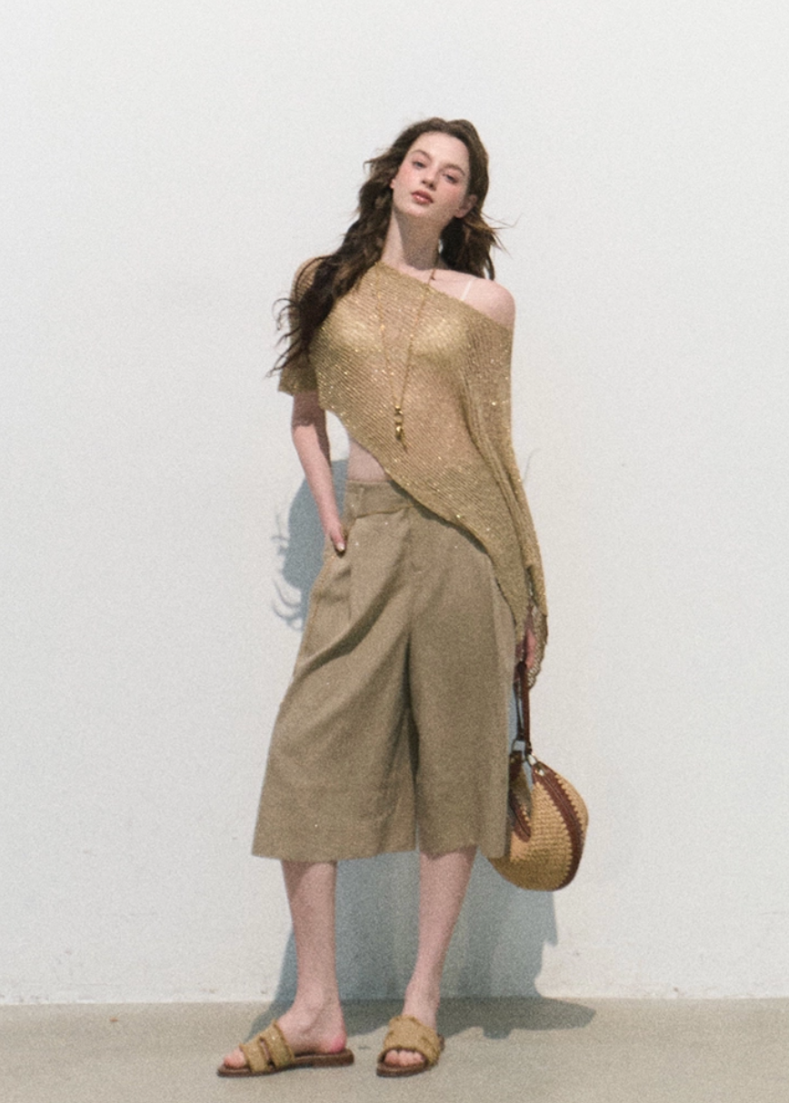 oakmoo cover up, knit cover up women, hollow knit shawl, seaside vacation cover up, linen blend knit top, asymmetric knit top, summer sun protection shawl, korean minimal fashion, resort cover up, open knit poncho, lightweight summer layer, vacation knitwear