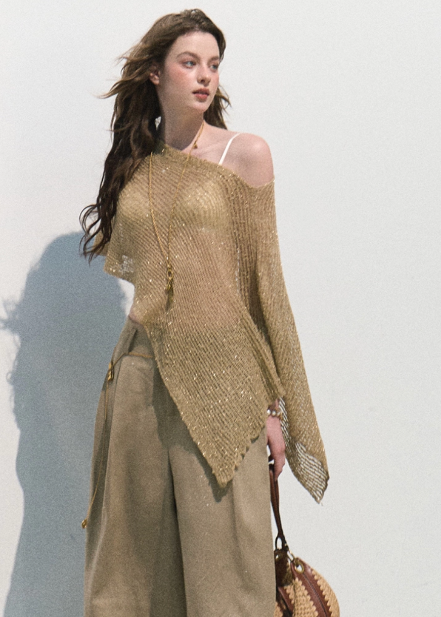oakmoo cover up, knit cover up women, hollow knit shawl, seaside vacation cover up, linen blend knit top, asymmetric knit top, summer sun protection shawl, korean minimal fashion, resort cover up, open knit poncho, lightweight summer layer, vacation knitwear