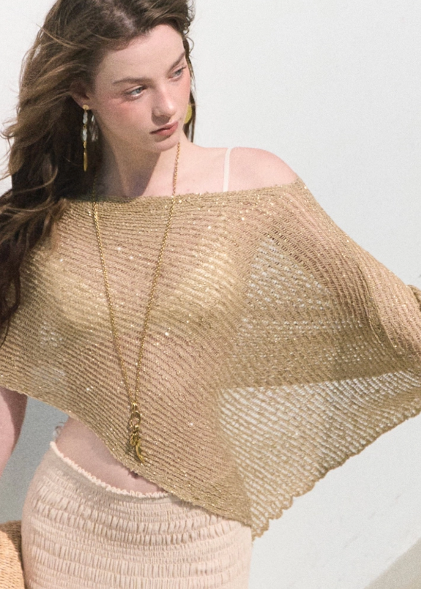 oakmoo cover up, knit cover up women, hollow knit shawl, seaside vacation cover up, linen blend knit top, asymmetric knit top, summer sun protection shawl, korean minimal fashion, resort cover up, open knit poncho, lightweight summer layer, vacation knitwear