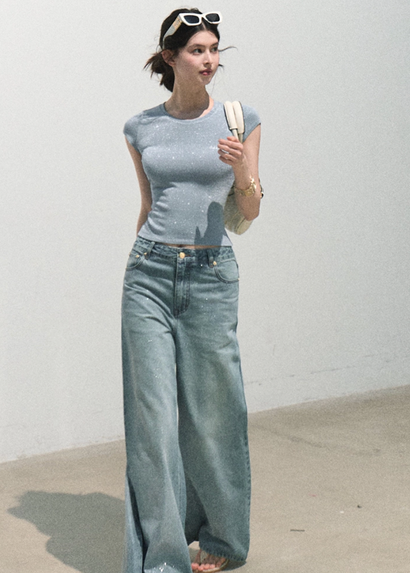 oakmoo top, sparkle slim t-shirt, metallic thread top, korean minimal fashion, short sleeve summer top, fitted crew neck tee, shimmer summer top, waist skimming top, quiet luxury basic top, soft fitted t-shirt, feminine summer top, minimalist korean outfit